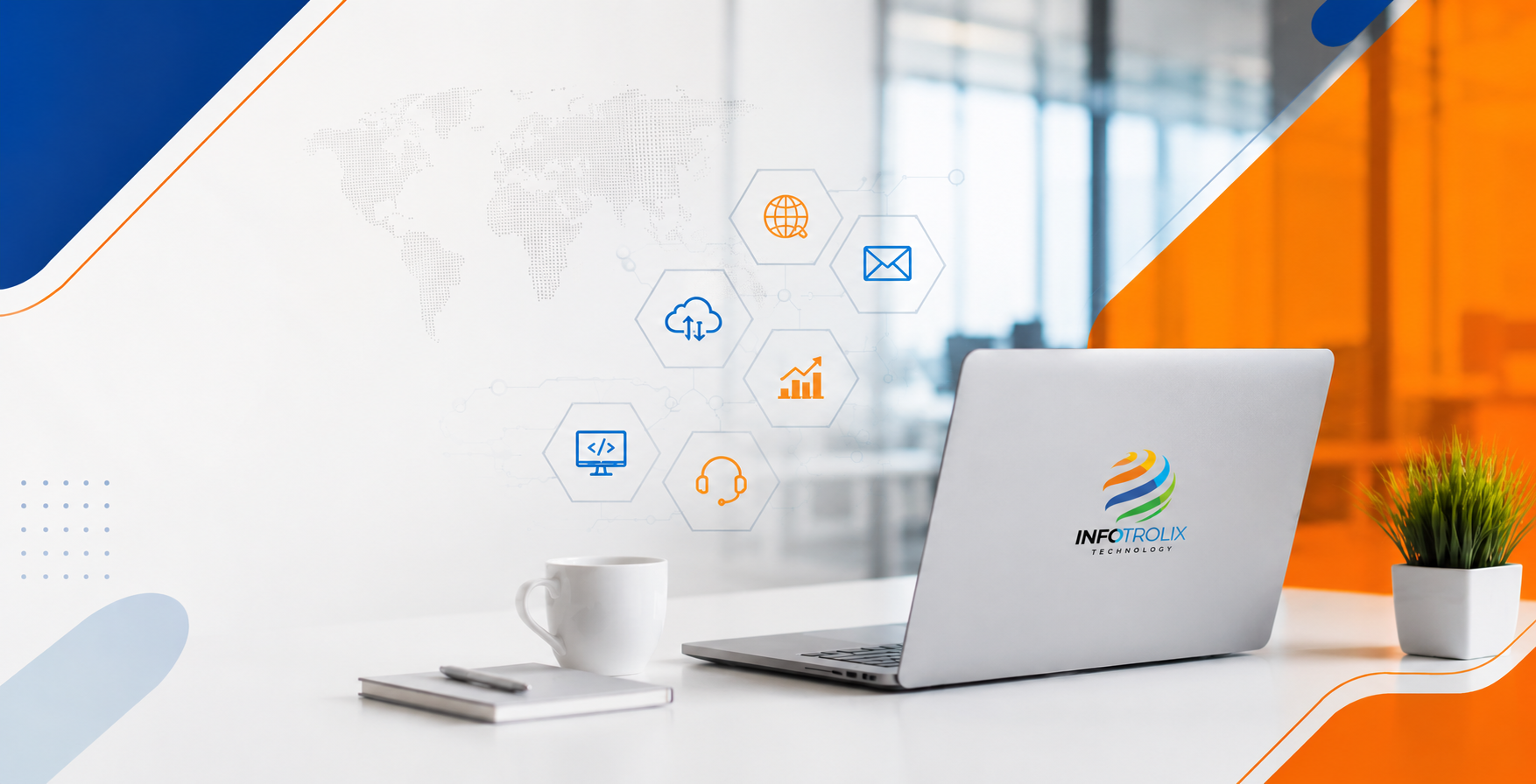 Infotrolix Technology professional IT and digital solutions workspace with laptop, cloud, web development, SEO and business technology